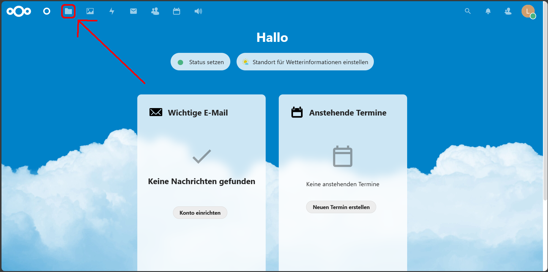 Das Nextcloud Dashboard, auf dem der Dateien-Tab    markiert ist